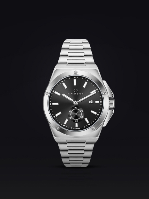 CARLINGTON Legacy Men Round Dial & Stainless Steel Straps Analogue Watch Silver Black
