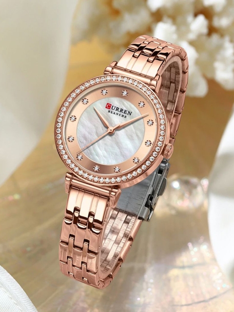 Curren Women Brass Embellished Dial Analogue Watch 9087-Rose-White