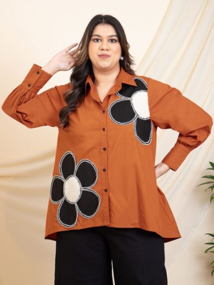 DEEBACO Women Plus Size Relaxed Fit Spread Collar Floral Printed Cotton Casual Shirt