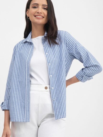 FableStreet Classic Vertical Striped Linen Casual Shirt