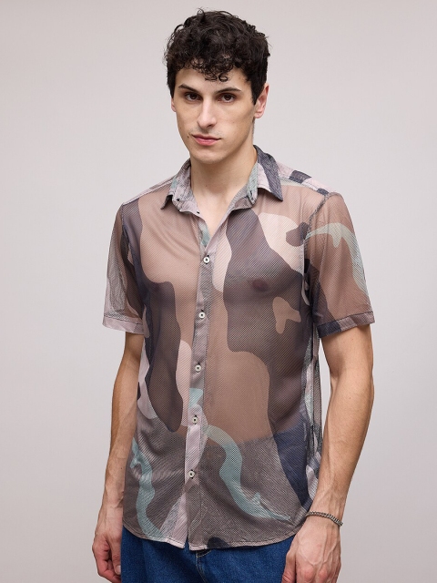 FREAKINS Abstract Printed Spread Collar Short Sleeves Semi Sheer Regular Fit Casual Shirt