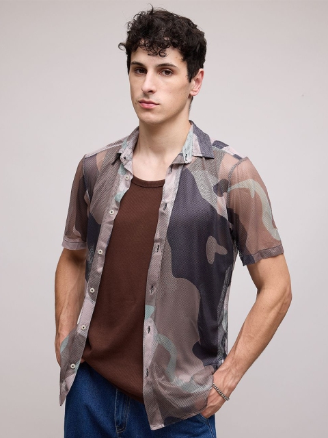 FREAKINS Abstract Printed Spread Collar Short Sleeves Semi Sheer Regular Fit Casual Shirt