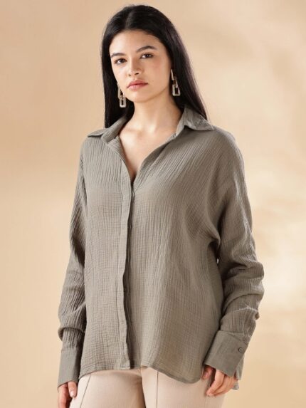 HERE&NOW Women Oversized Fit Spread Collar Textured Cotton Casual Shirt