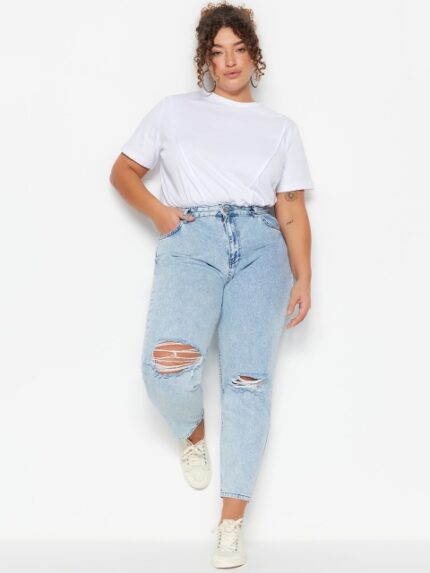 Trendyol Women Plus Size Mid-Rise Slash Knee Light Fade Cotton Cropped Jeans