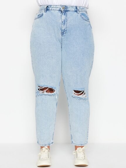 Trendyol Women Plus Size Mid-Rise Slash Knee Light Fade Cotton Cropped Jeans